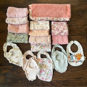 Floral receiving blankets and Baby Bib lot - girl